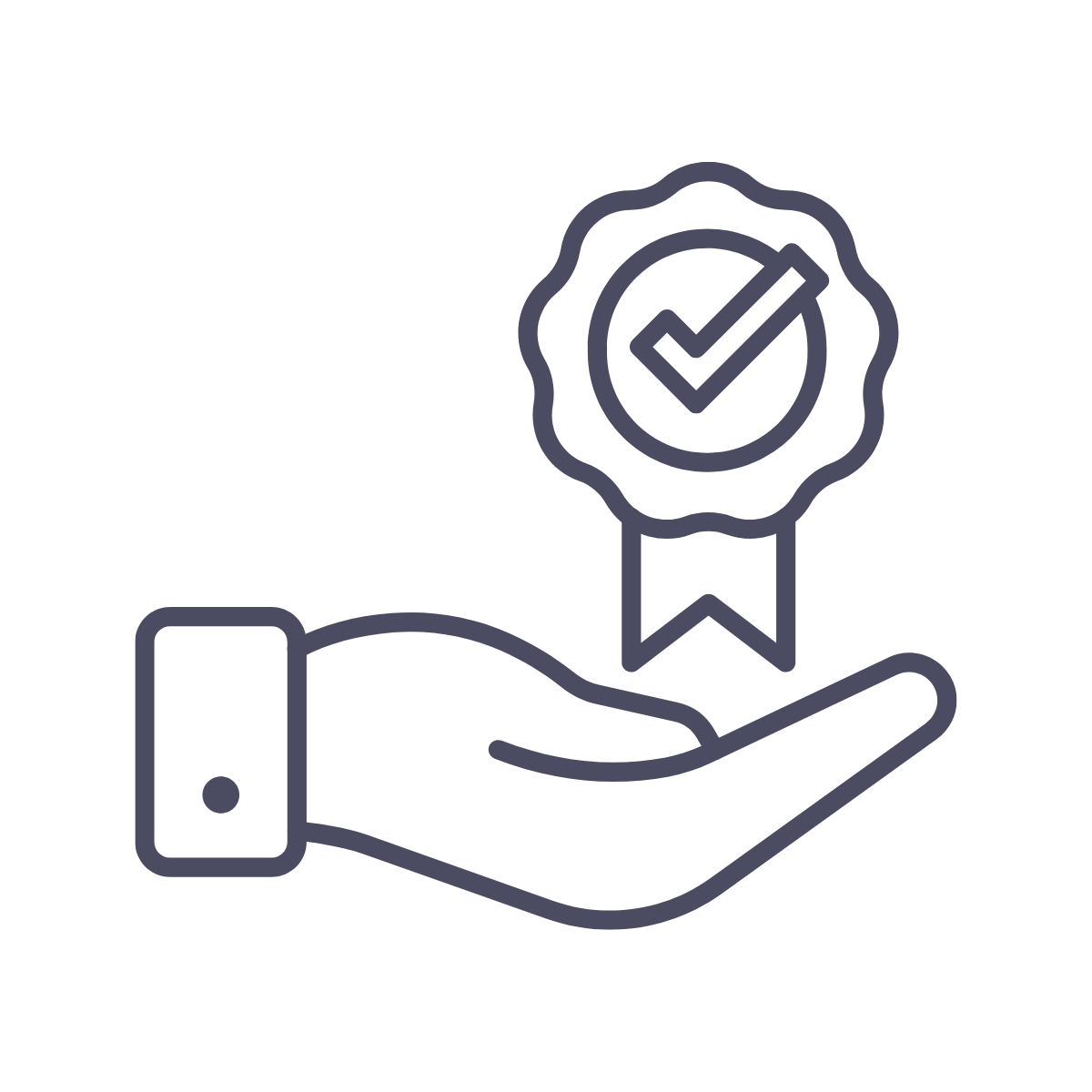 Icon of a hand holding a ribbon with a checkmark, symbolizing certification or approval.