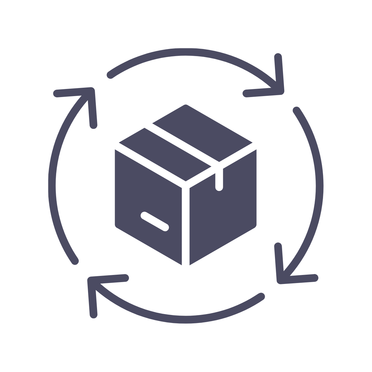 Icon of a cardboard box with arrows surrounding it, indicating the packaging or shipping process.
