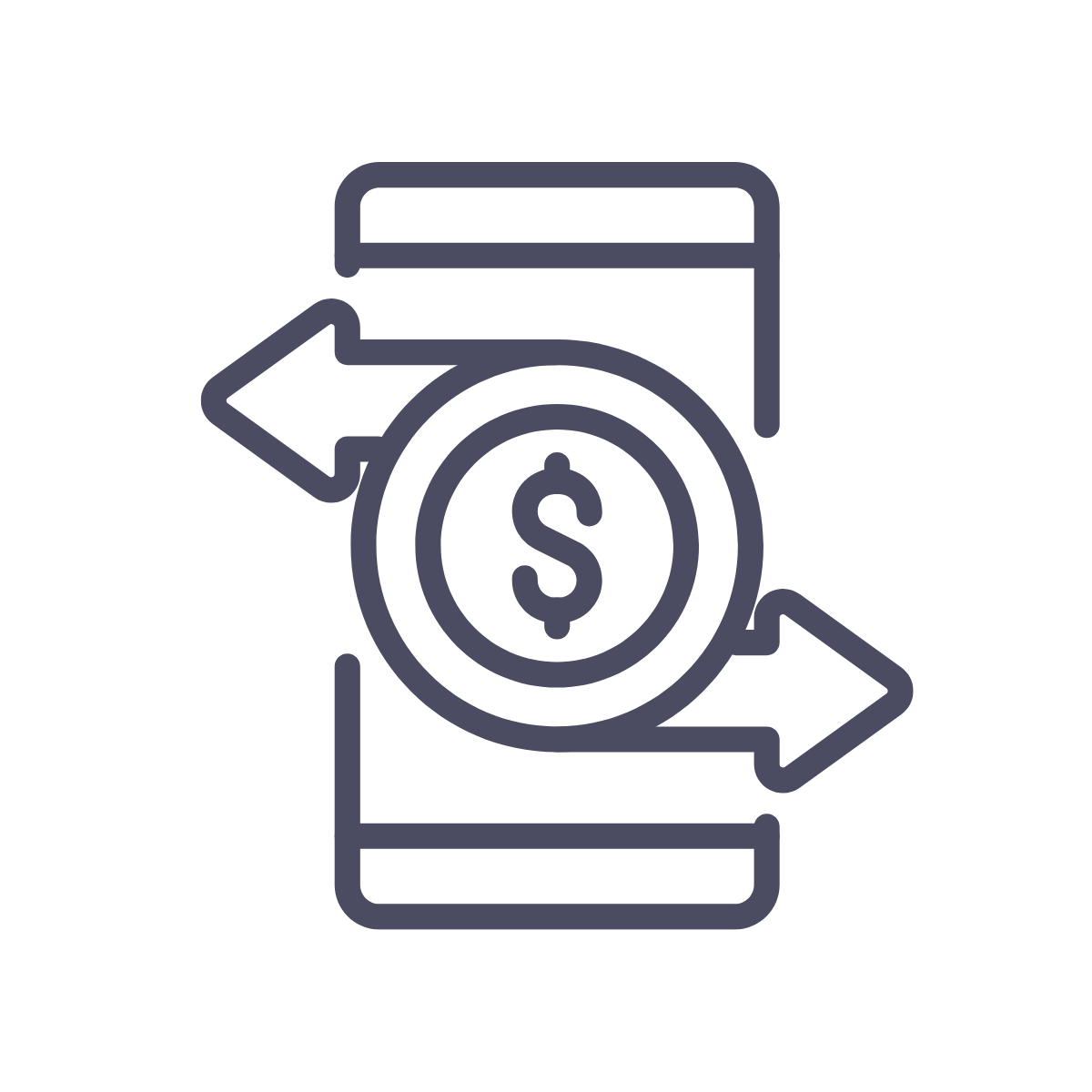 Icon representing mobile payment or financial transaction with a dollar sign, arrows, and a smartphone.