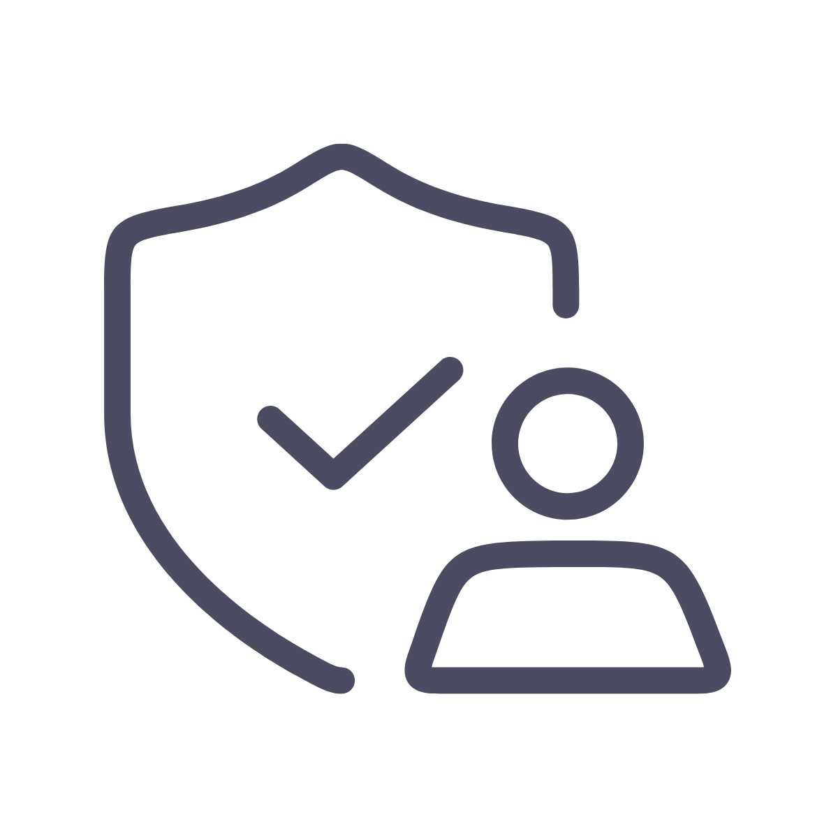 Icon of a security badge with a checkmark, a person silhouette, and a shield, indicating security or protection.