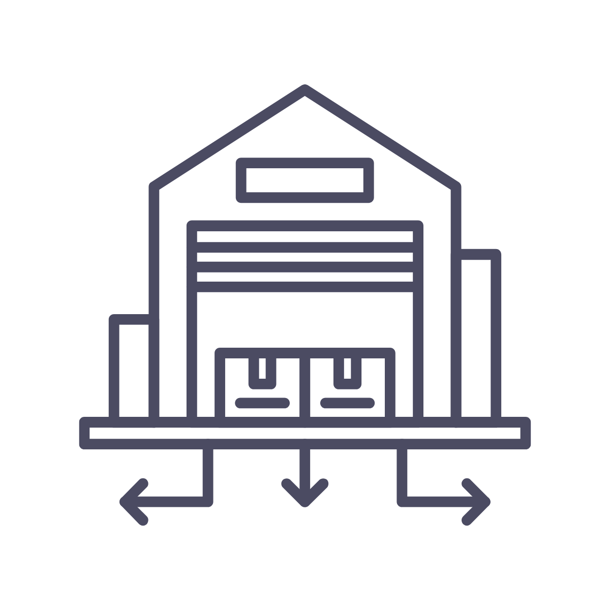 Outline icon of a warehouse with a garage door, shelves, and boxes, with arrows indicating width and depth measurements.