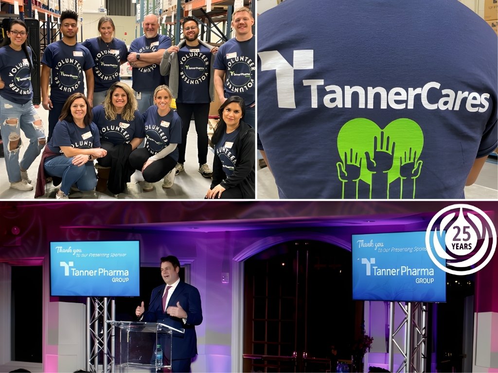 Group of volunteers wearing matching navy blue shirts with 'Volunteer' logo, standing together in a warehouse or distribution center. Close-up of a shirt with 'TannerCares' logo and green handprints. A man in a suit speaking at a podium with digital screens displaying 'Tanner Pharma Group' and a 25th anniversary logo.