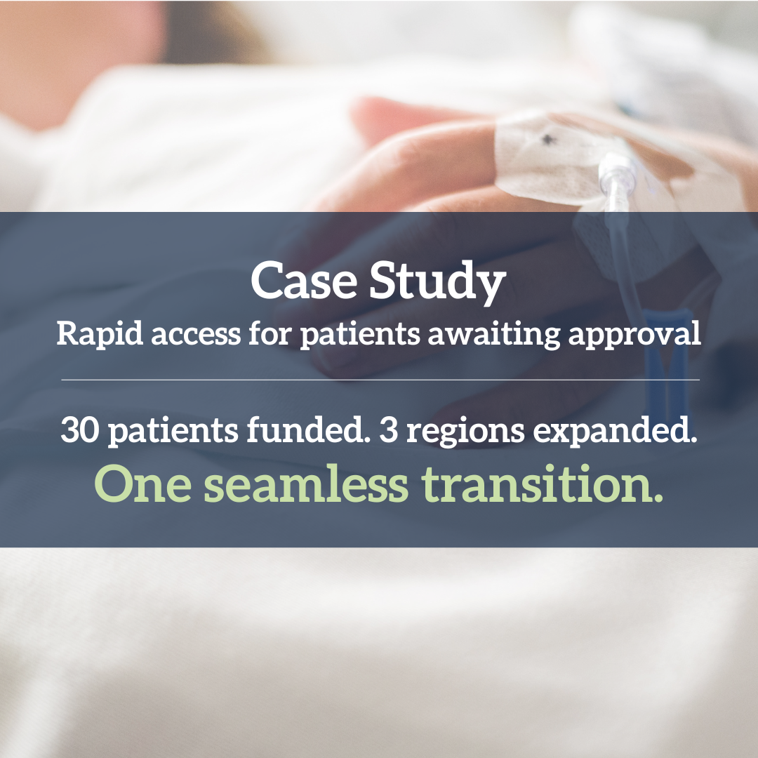 A close-up of a healthcare professional's hand holding a patient's hand with an IV needle, overlaid with a text box highlighting a healthcare case study about rapid patient access and regional expansion.