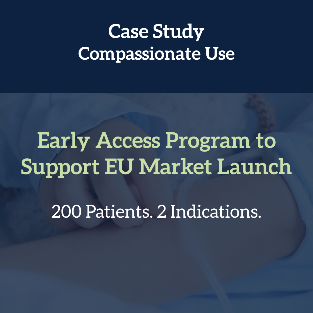 Cover slide of a presentation titled 'Case Study Compassionate Use' with subtitle 'Early Access Program to Support EU Market Launch' and number '200 Patients. 2 Indications.' The background shows a close-up of a healthcare professional holding a patient's hand.