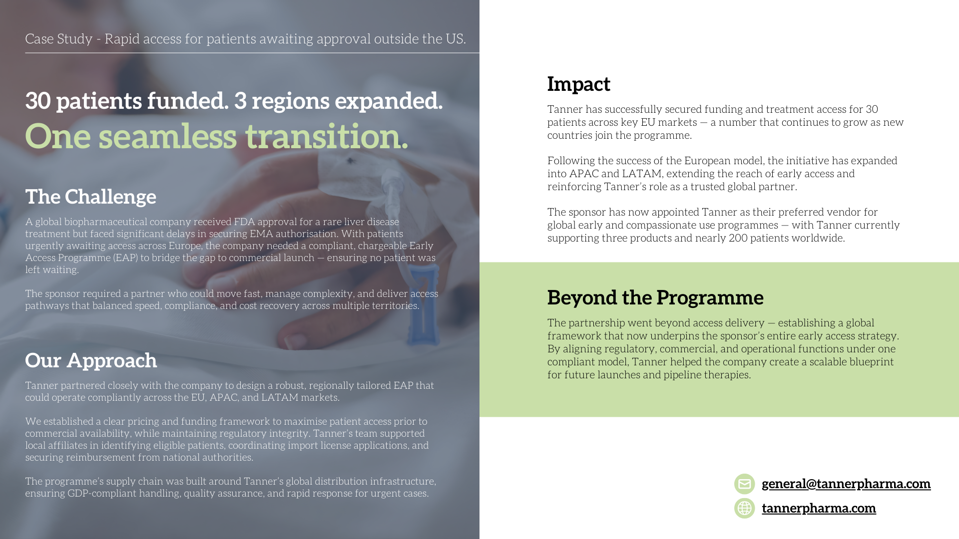 A page from a report discussing a biopharmaceutical company's global expansion efforts, with a background image of a person's hand handling laboratory equipment, including a test tube, and text highlighting their achievements, approach, impact, and future plans, along with email and website contact information.