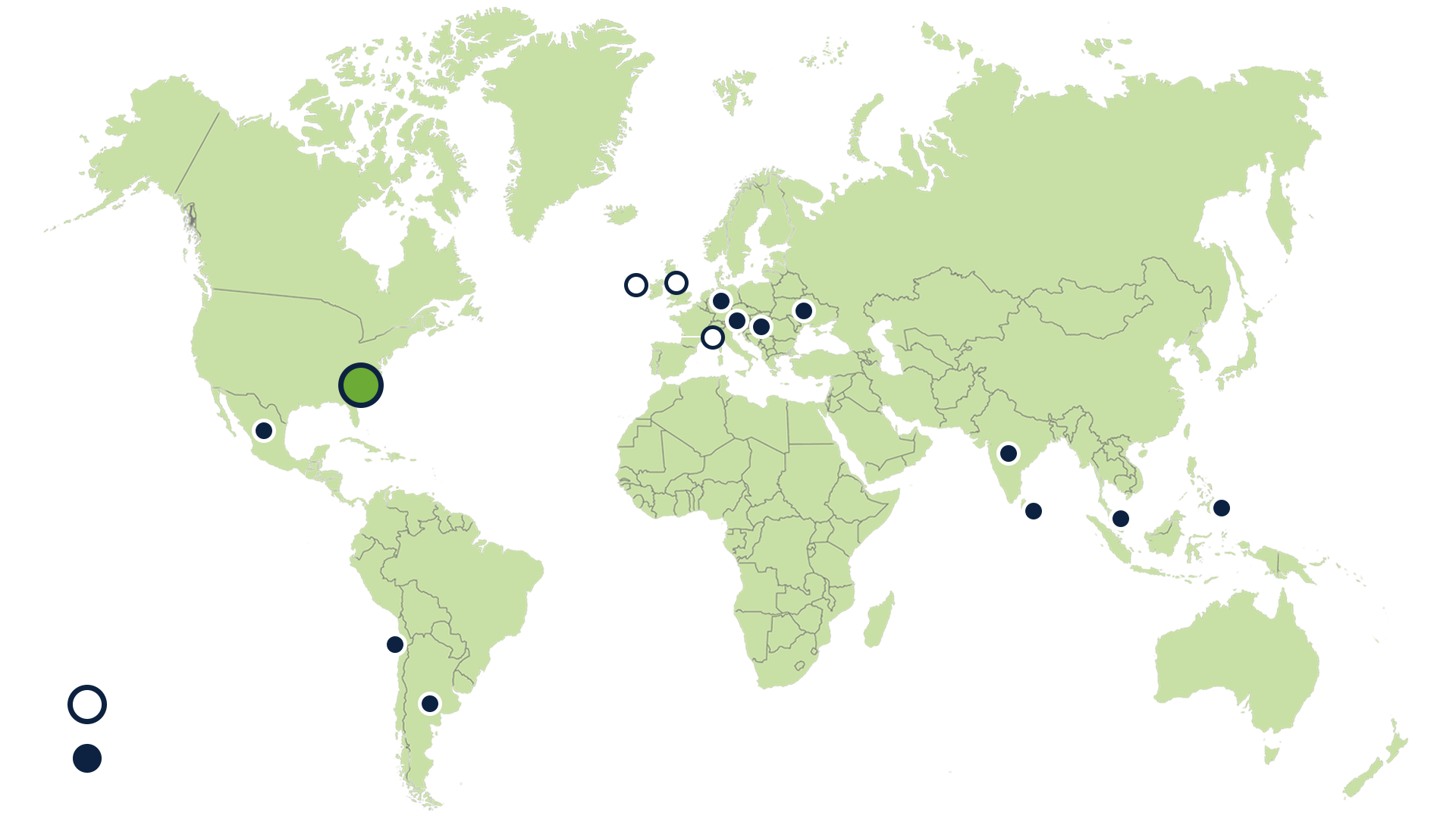 A world map showing locations of partner depots and Tanner HQs marked with blue and white circles. Charlotte, North Carolina is highlighted with a larger circle and label.