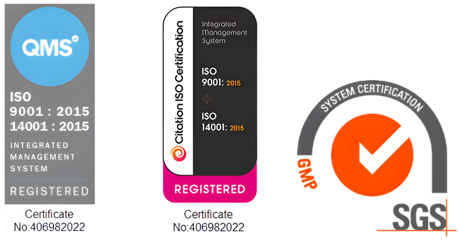 Image showing certificates for ISO 9001 and 14001:2015 management systems, including QR codes, logos, and a certification badge.