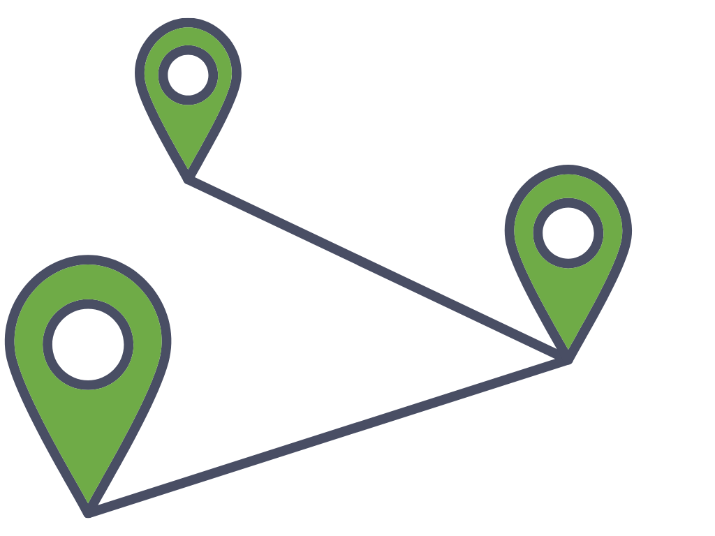 Illustration of three green location pins connected by black lines on a black background, representing a map or route.