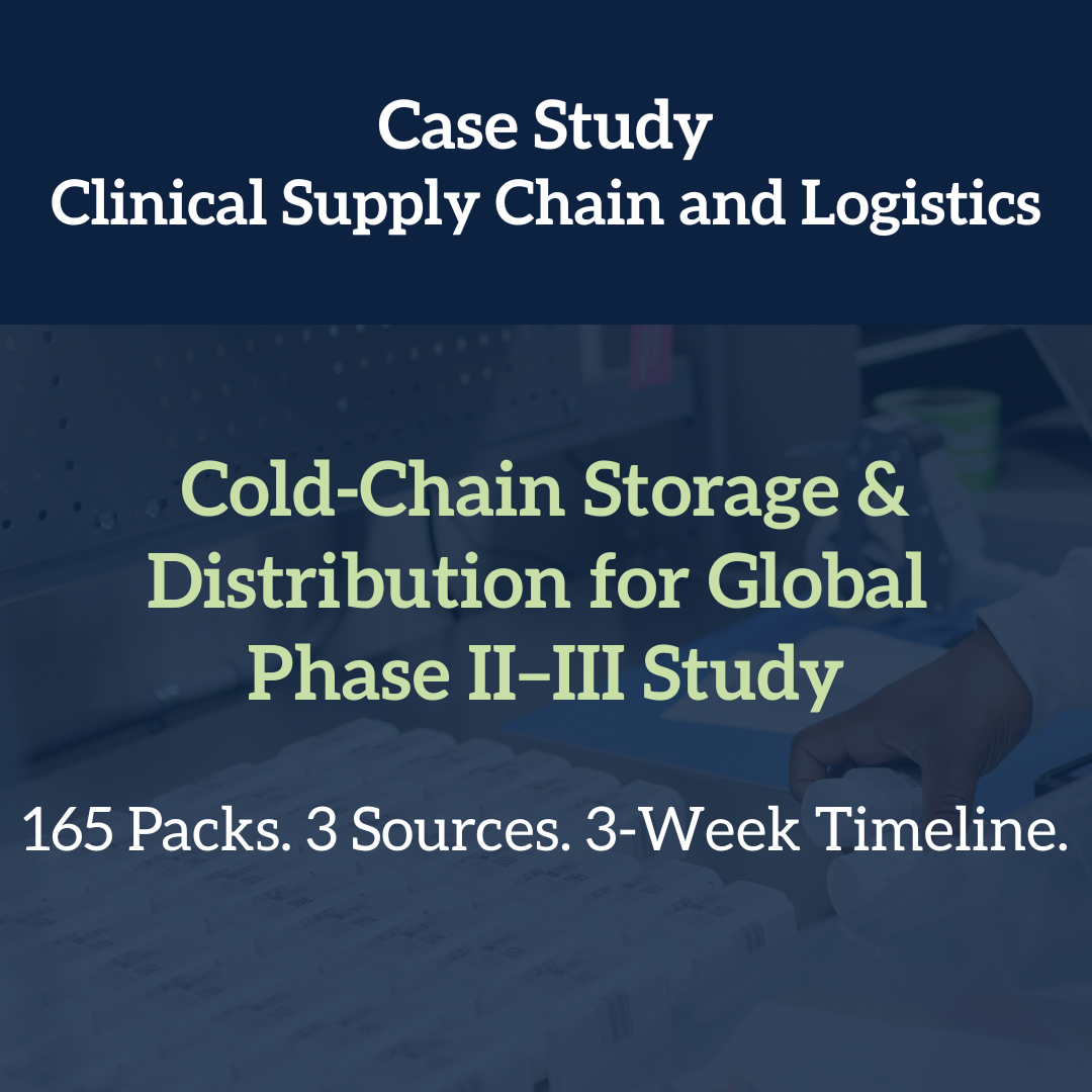 Cover page of a case study document titled 'Cold-Chain Storage & Distribution for Global Phase II-III Study,' with a subtitle indicating it includes 165 packs, 3 sources, and a 3-week timeline, featuring an image of medical supplies or pharmaceuticals.