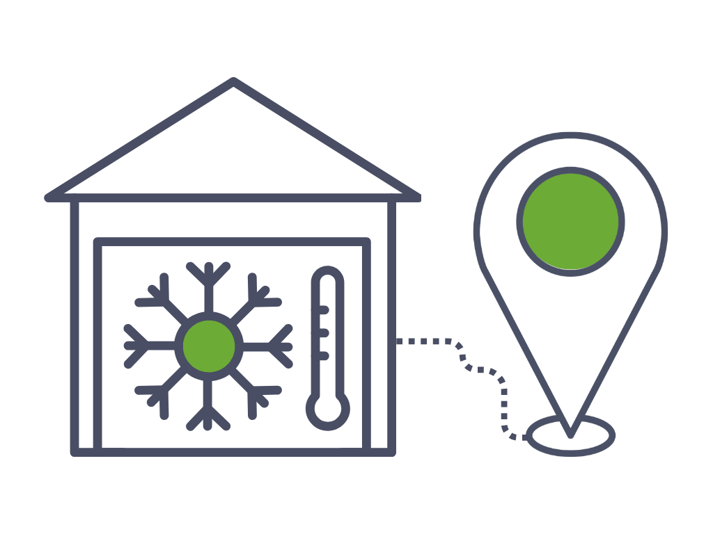 A house with a snowflake and a thermometer inside, connected by a dotted line to a location pin, indicating weather or temperature monitoring.