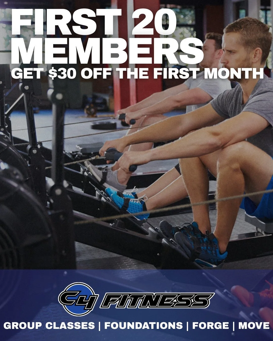 The first 20 members get $30 OFF your first month at C4 Fitness! Group classes for all levels&mdash;Foundations, Forge, and Move. Located in Tyler, TX. We're officially opening November 3rd, visit our website to join!
First month only. Limited to fir