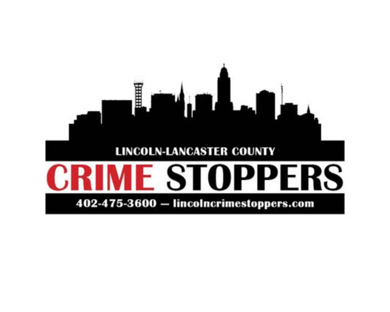 Lincoln-Lancaster County Crime Stoppers logo with silhouette of a city skyline, red and black text, and a website URL.