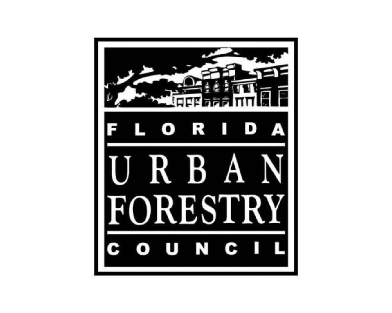 Logo for Florida Urban Forestry Council featuring a cityscape with buildings and trees.