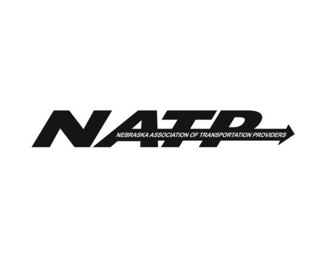 Logo of Nebraska Association of Transportation Providers with bold black letters NATP and an arrow extending from the right.