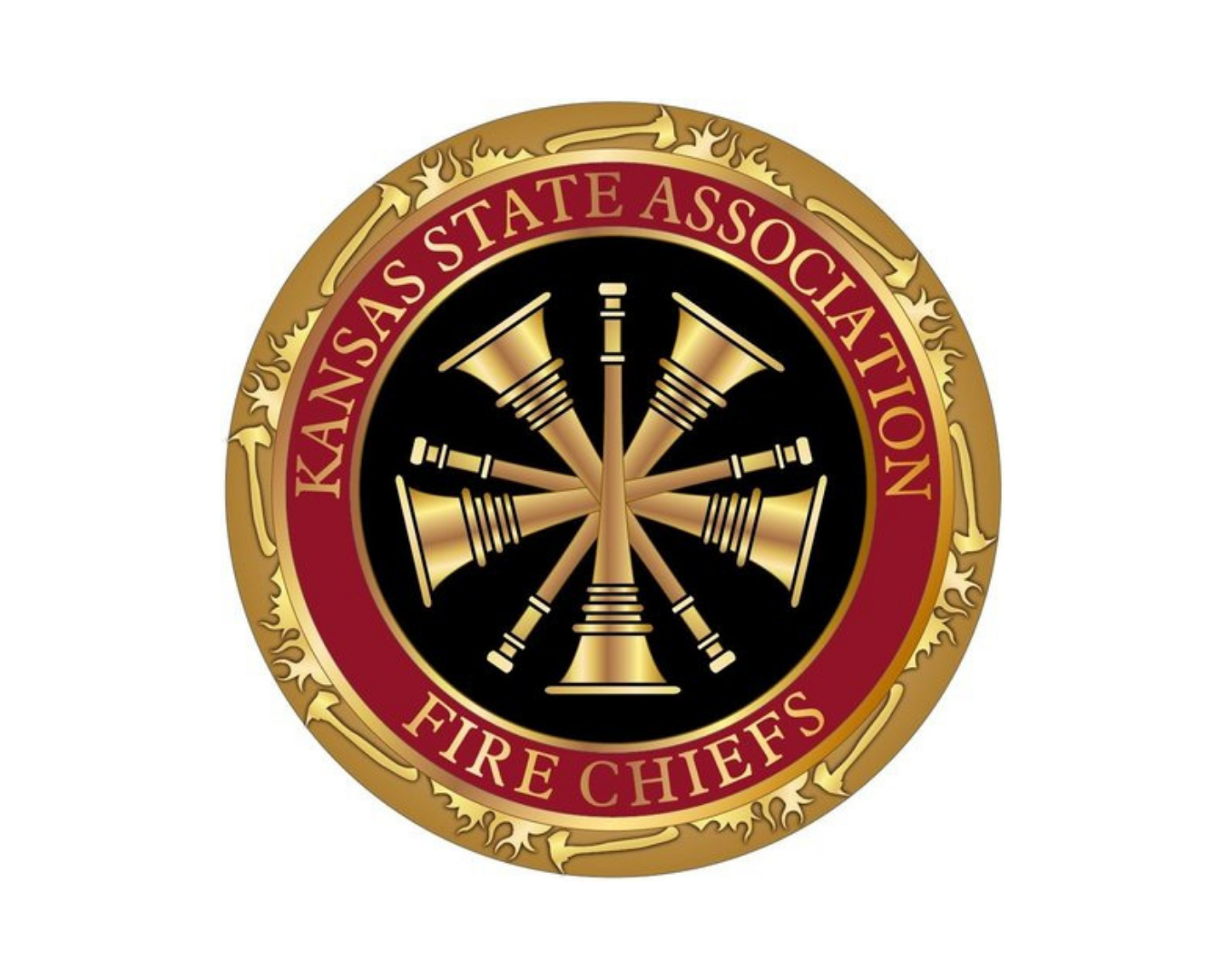 Kansas State Association Fire Chiefs emblem with a gold and black firefighter instrument design in the center and red and gold border with text.