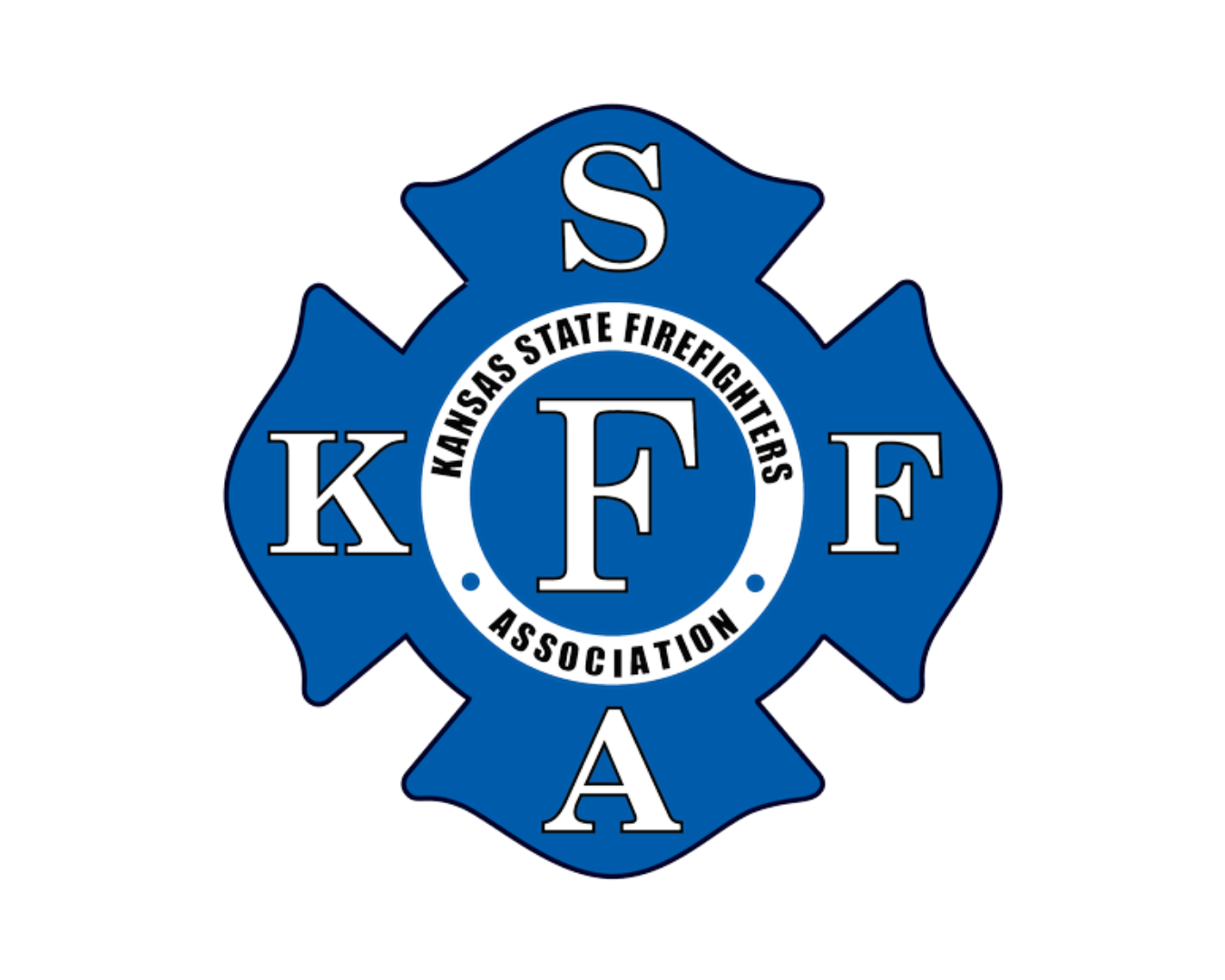 Kansas State Firefighters Association emblem with a blue Maltese cross, the letters K, S, F, A, and F, and the words 'Kansas State Firefighters Association' around a central circle with the letter F.