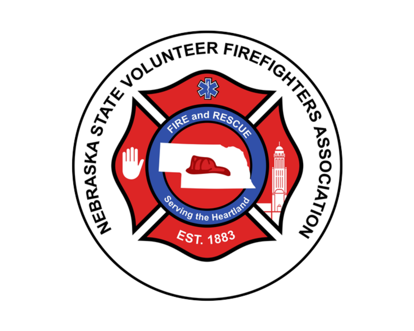 Emblem of the Nebraska State Volunteer Firefighters Association featuring a red Maltese cross with a blue circle inside, a white outline of the state of Nebraska with a red firefighter's helmet, a white hand, and a white cityscape, with wordings incl