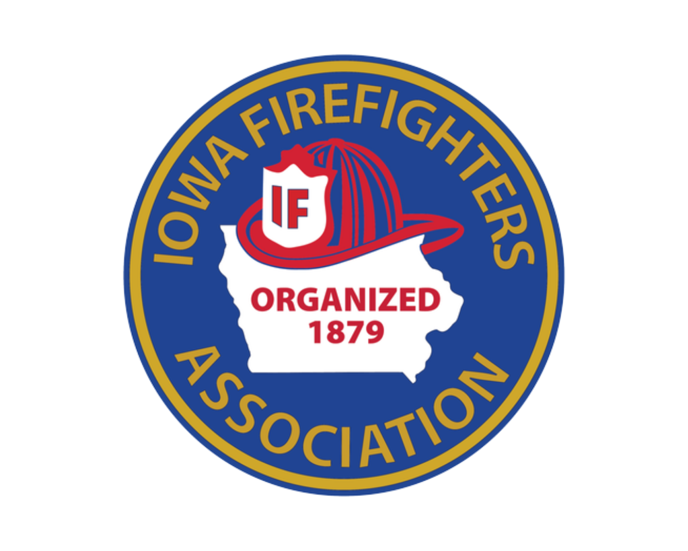 Seal of the Iowa Firefighters Association featuring a firefighter's helmet, a shield with 'IF', a map of Iowa, and the words 'Organized 1879'.