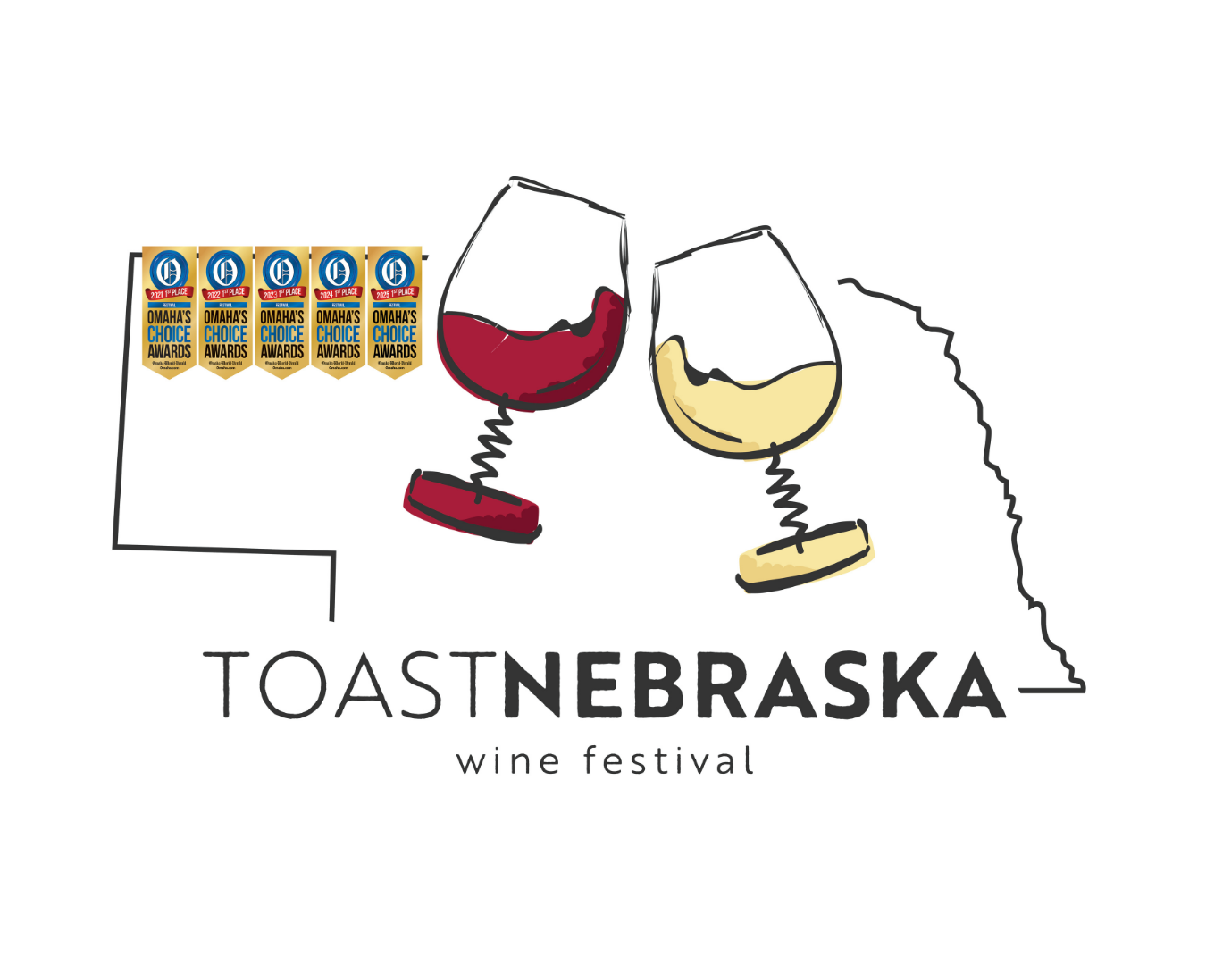 Illustration of two wine glasses, one filled with red wine and the other with white wine, with the outline of Nebraska in the background. There are five award ribbons on the left, and the text reads "ToasteNebraska Wine Festival."