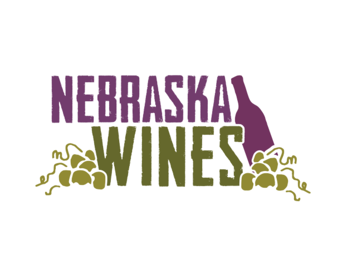 Logo for Nebraska Wineries with purple and green text and grapevine illustrations.
