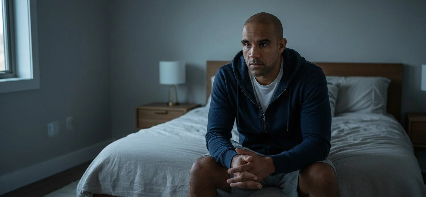 man sitting on his bed deep in thought representing the internal battle