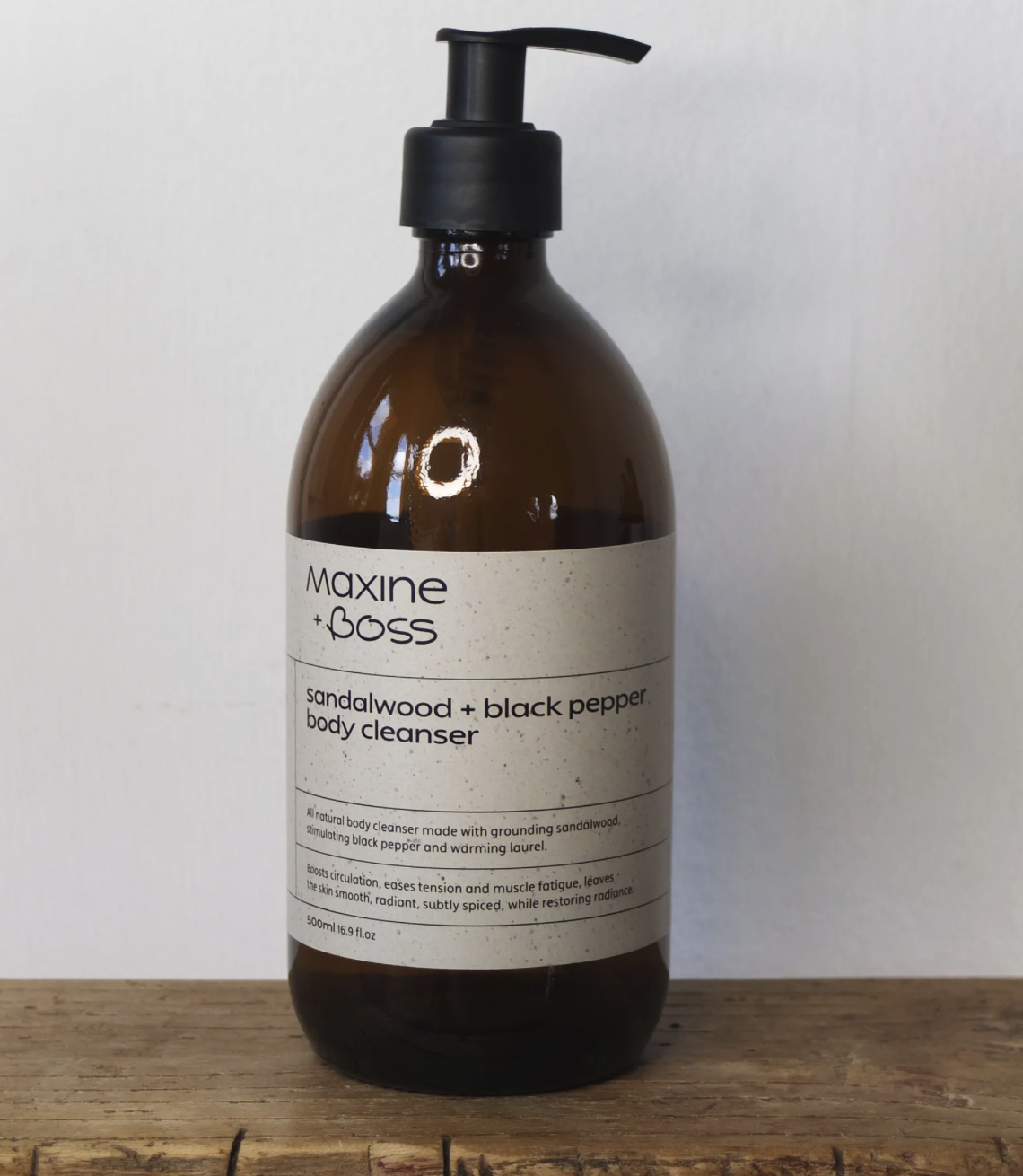 Maxine + Boss all natural body cleanser made with grounding sandalwood, stimulating black pepper and warming laurel. £25
