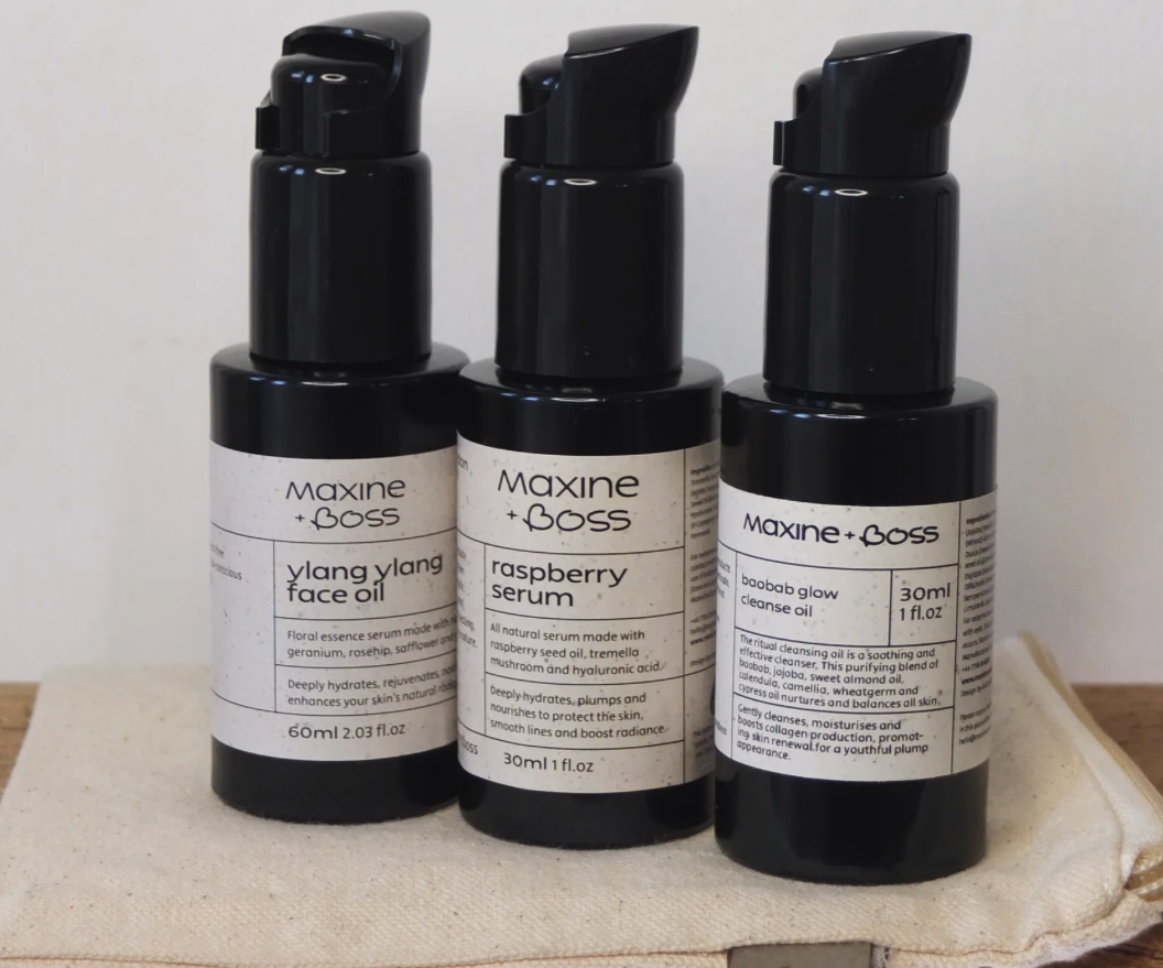 Maxine + Boss Skincare Ritual Set for Radiance, Renewal + Glow made with 100% natural ingredients: 30ml Ylang Ylang Face Oil, 30ml Baobab Ritual Cleansing Oil and 30ml Raspberry Collagen Serum. £55