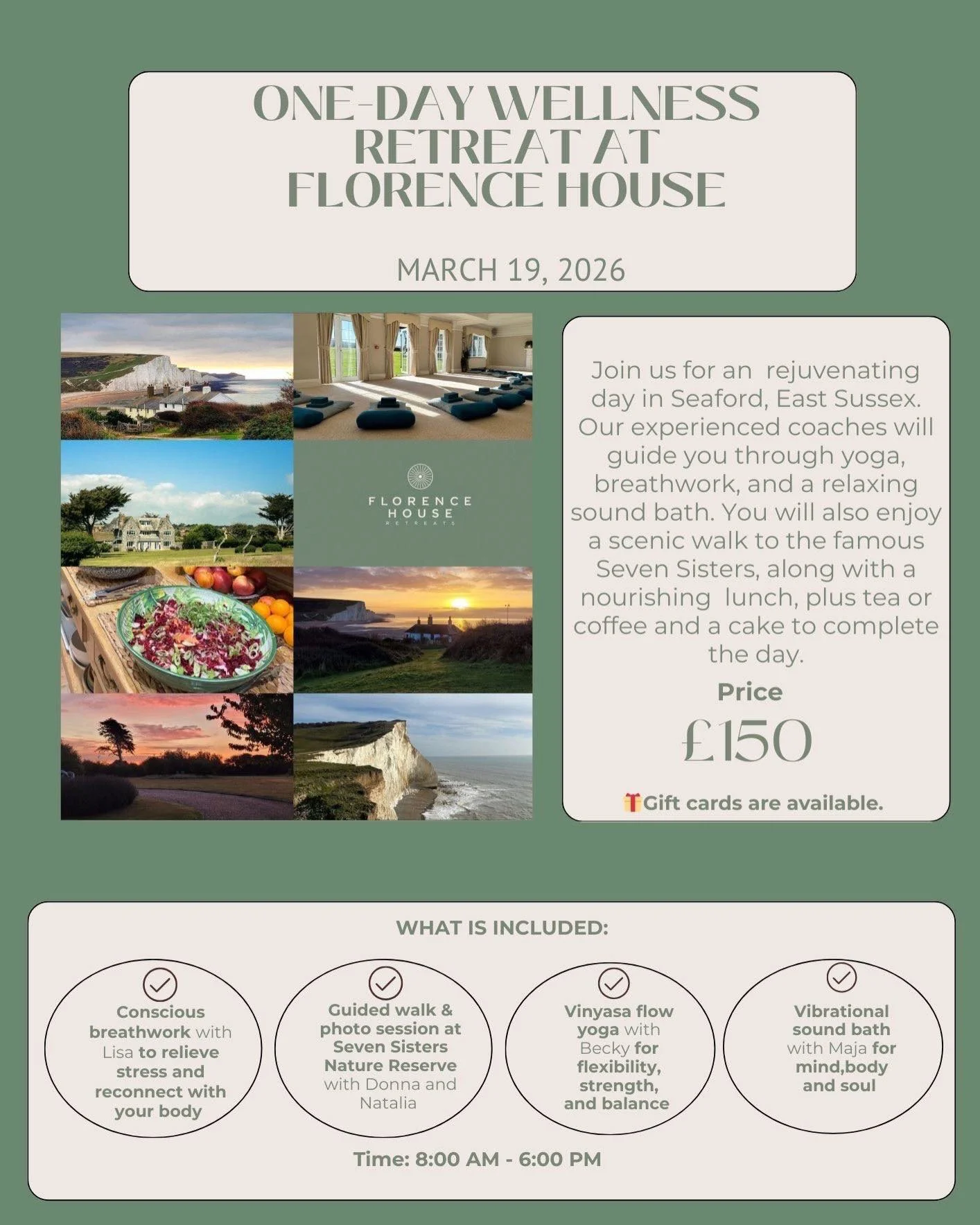 One-Day Wellness Retreat In Seaford. Includes Breathwork with Lisa, guided walk and photo session at Seven Sisters, a nourishing lunch prepared by chef, Vinyasa Flow Yoga with Becky, Singing Bowls with Maja plus tea and coffee! 19th March 2026. £150 