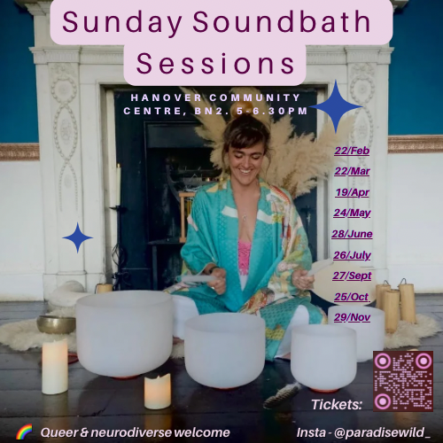 Sunday Soundbath Sessions with Chloe 
Meditative, soundbath with crystal singing bowls in 432hz (the frequency of the earth), singing, shamanic drum, koshi bells, tingsha bells & loving mantra, gentle meditation, choccie & moon cards. Beautiful, diml
