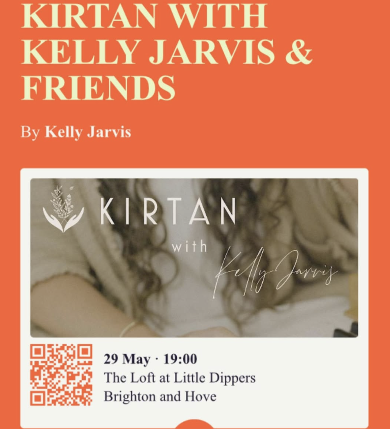 Join Kelly Jarvis alongside musicians Tom, Marc and John for an evening of Kirtan.
Get ready for an uplifting, in-person kirtan experience filled with soulful chants and good vibes. Kelly Jarvis and friends will lead us through a joyful journey of so
