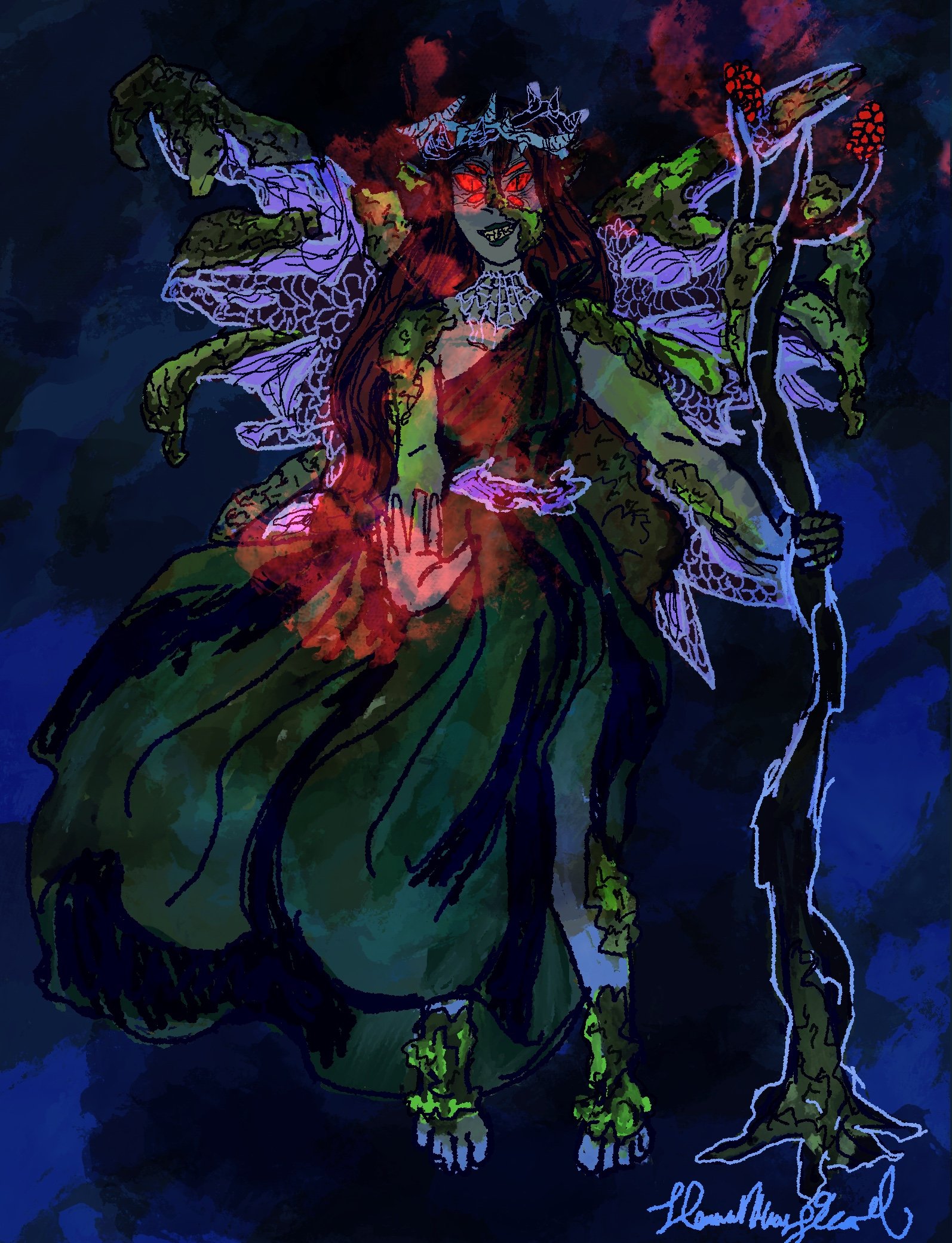 Nicnevin with her nymphes, in number anew
With charms from Caitness and Chanrie of Ross
Whose cunning consists in casting a clew