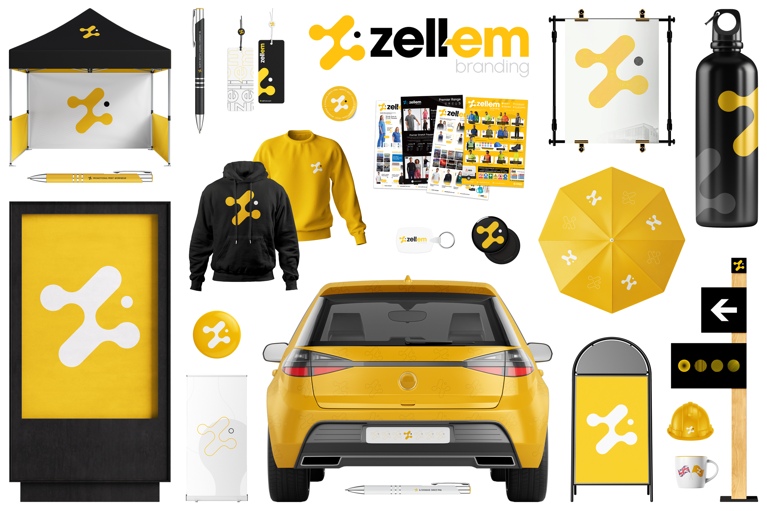 A large flat-lay style image featuring a range of products that have been branded with the Zell-Em logo. Products include a range of branded options, from a signboard, gazebo, and hoodies to a water bottle, leaflets, pens and an umbrella.