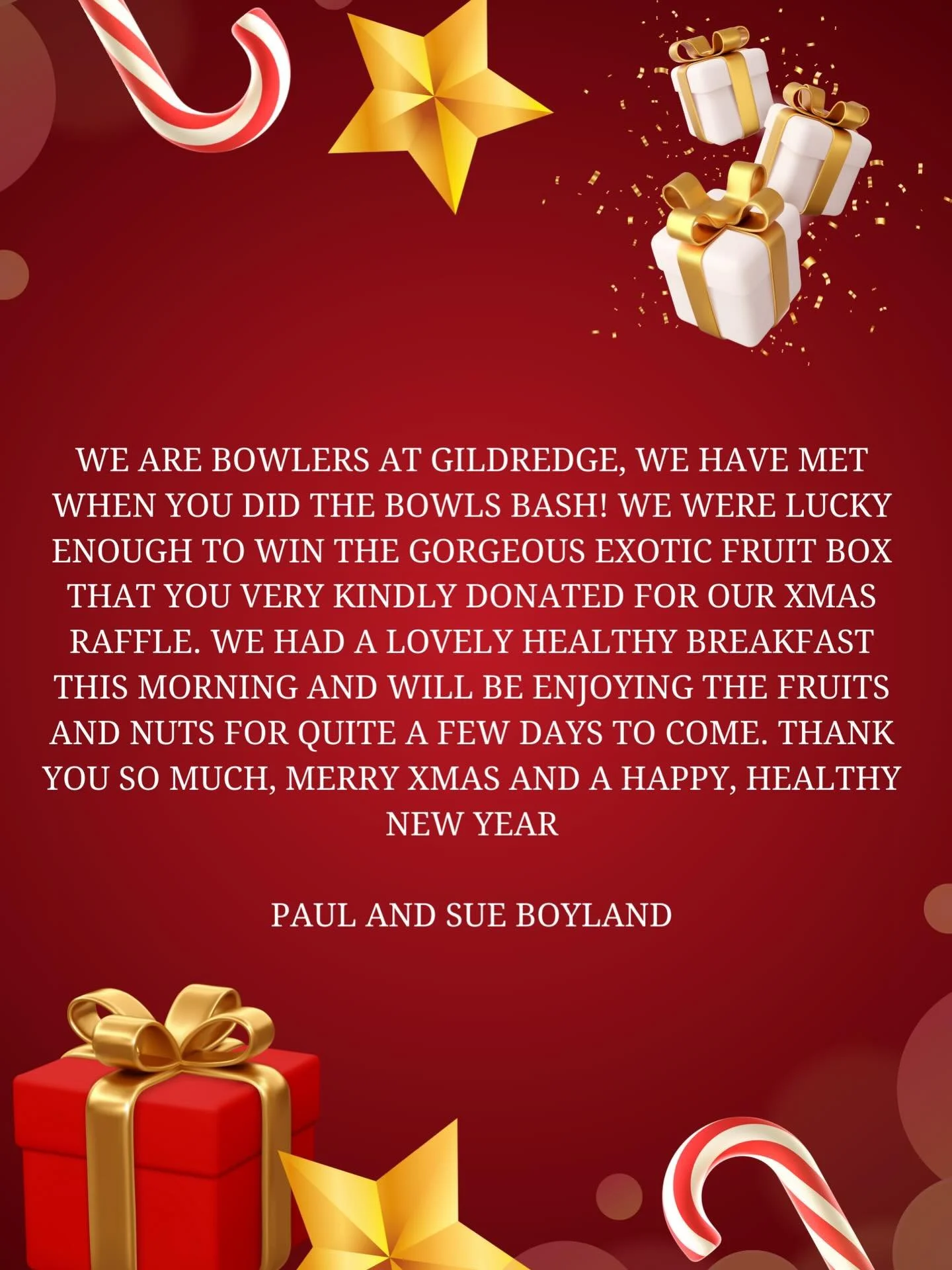 Small things go along way, thank you for taking the time to show your appreciation Sue and Paul. We hope you like your fruit hamper and have a wonderful Christmas and Happy New Year from all the Mark Bishop team🎄🎄