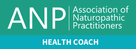 Logo of the Association of Naturopathic Practitioners, featuring text 'ANP' and 'Health Coach' on a teal and turquoise background.