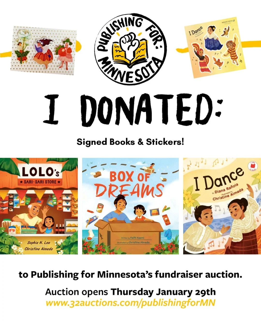 I&rsquo;m donating a bundle of signed books and stickers for @publishingforminnesota auctions! There are many awesome things to bid on that will help immigrant communities in need of legal aid or community resources in Minnesota 🤍

This is a good op