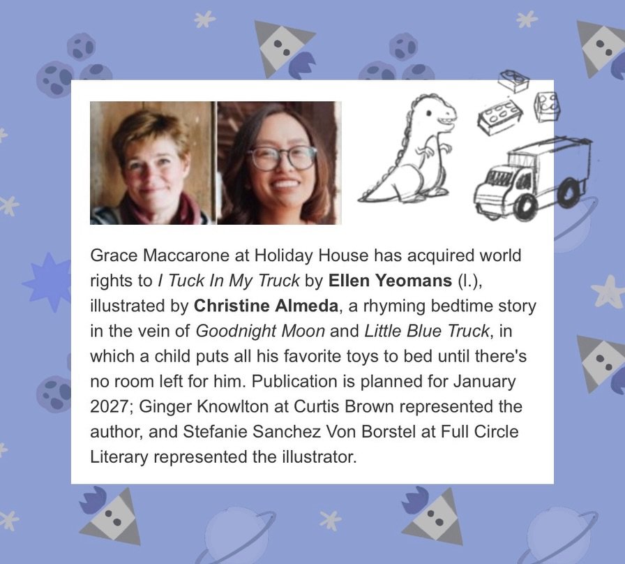 YAY new book news! I TUCK IN MY TRUCK written by @ellenyeomans and published by @holidayhousepeachtree is coming this January! 🛻 🦖 🚀

I was sooo happy to work with Grace again, and to work on such a fun bedtime story! Can&rsquo;t wait to share mor