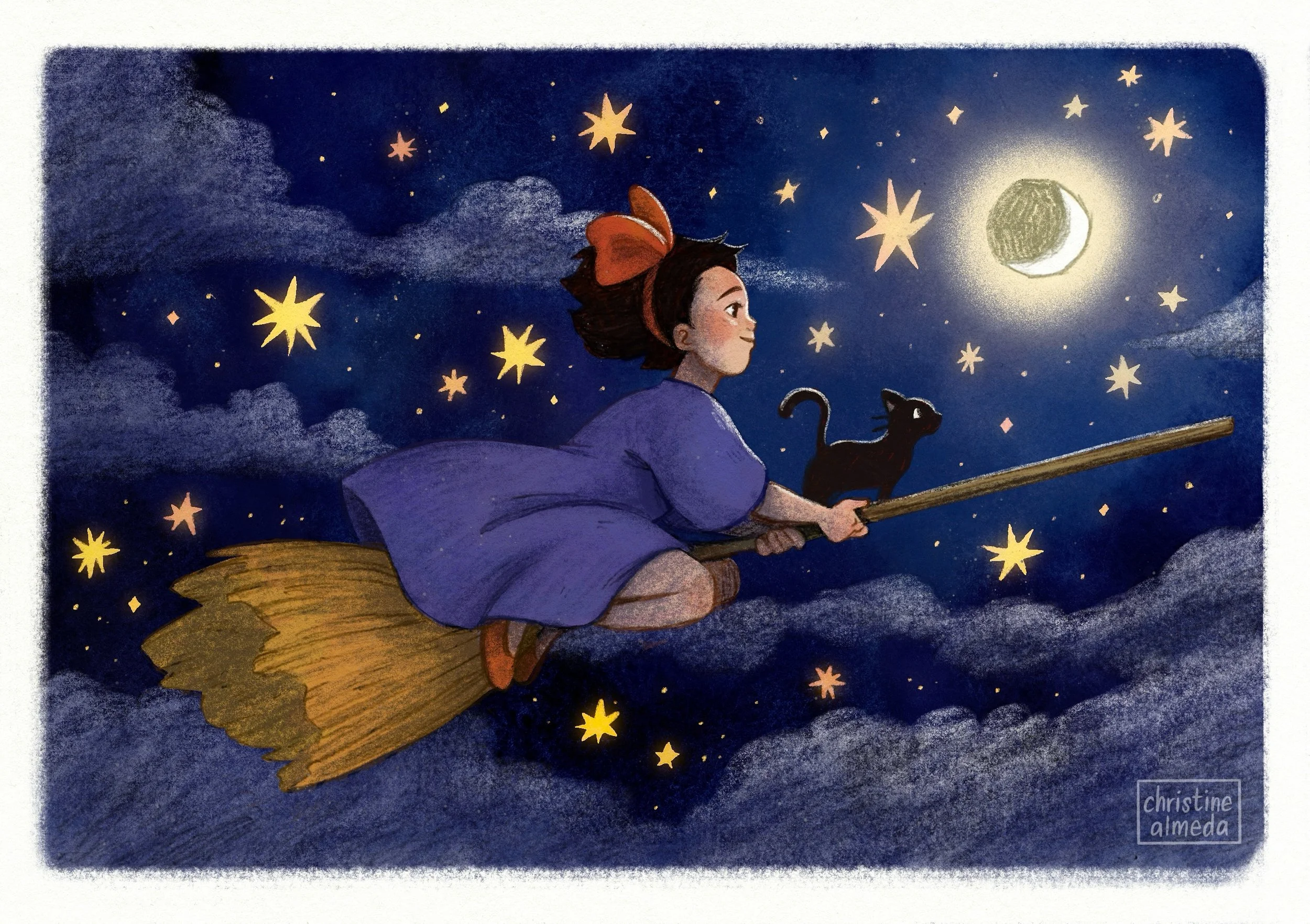 #calmtober 13 CRESCENT MOON &amp; #peachtober 15 MOON 🌙 

Rewatched Kiki&rsquo;s Delivery Service a few times lately, her burnout has been resonating with me haha. Had a lot of fun illustrating a night scene for once!

#illustration #ghibli #spookys