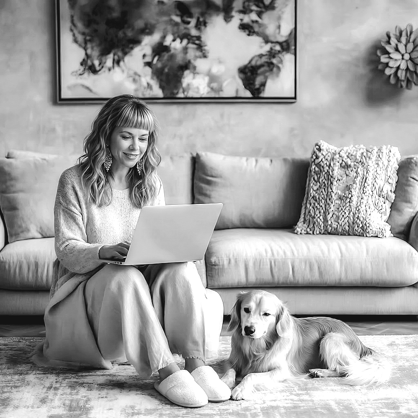 Website designer for therapist, Stacie McPherson, sitting on the floor with a laptop, smiling, next to a dog in a living room with a couch, a pillow, a large abstract painting on the wall, and a decorative wall piece.
