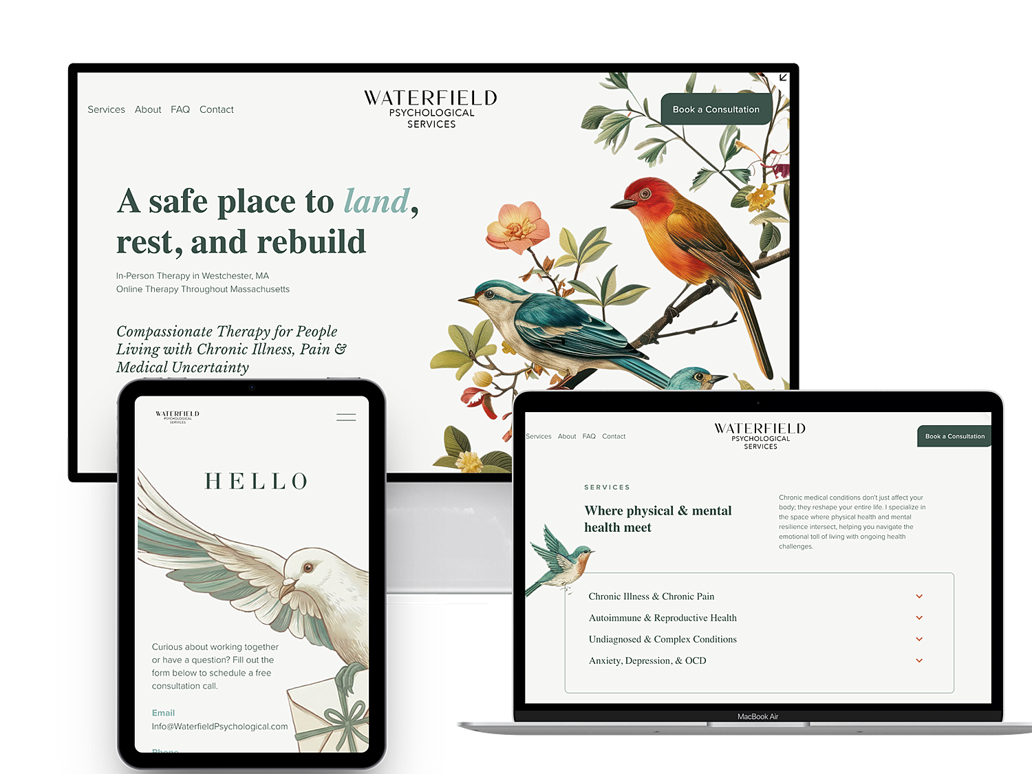 Image Waterfield Psychological Services custom website design displayed on multiple devices, including a large monitor, a tablet, and a laptop. Custom psychologist website design with bird and botanical theme