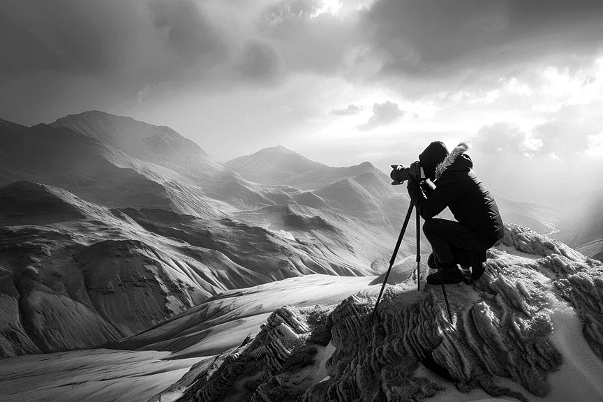 Image of Dr. Stacie McPherson, Owner of MTN Design Co kneeling on snowy mountain rocks taking pictures of mountain landscape with cloudy sky.