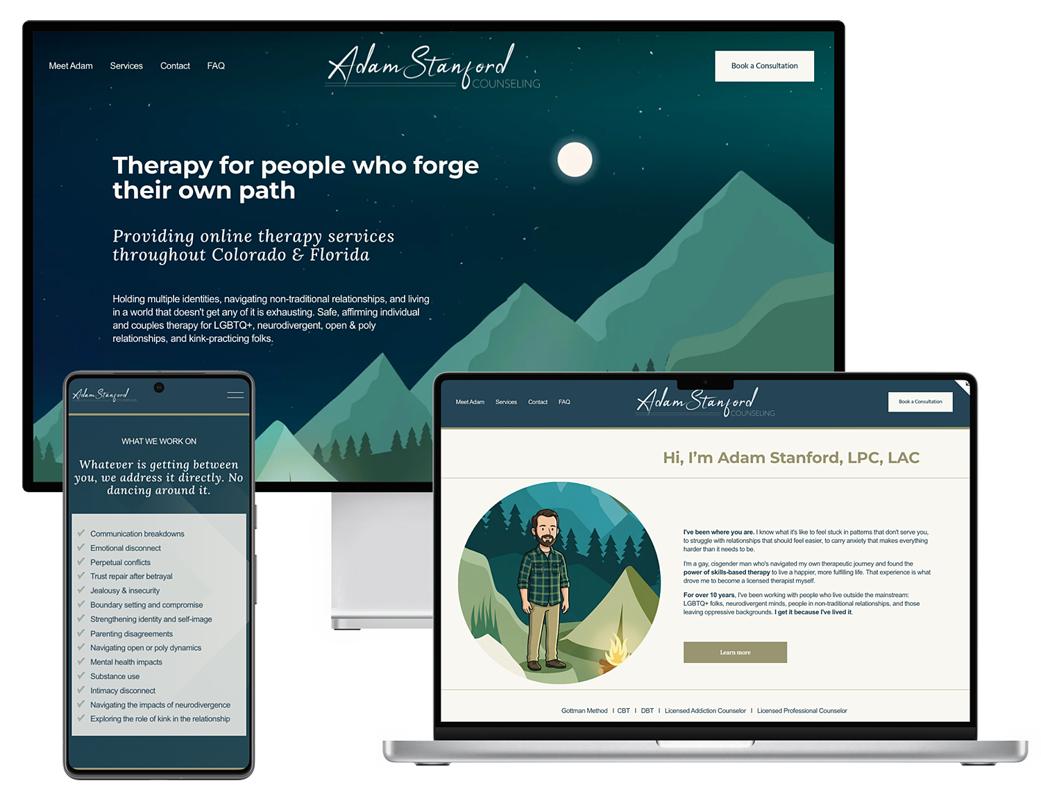 Screenshot of a therapy and counseling website for Adam Stanford with a dark mountain landscape background, a laptop displaying a welcome message, and a smartphone showing a list of issues addressed in therapy.