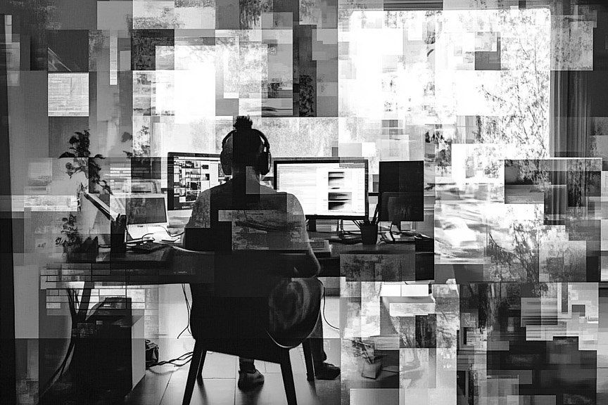 Mental health digital marketing owner, Stacie McPherson, working at computer desk with multiple monitors, wearing headphones, in an office with windows and plants.