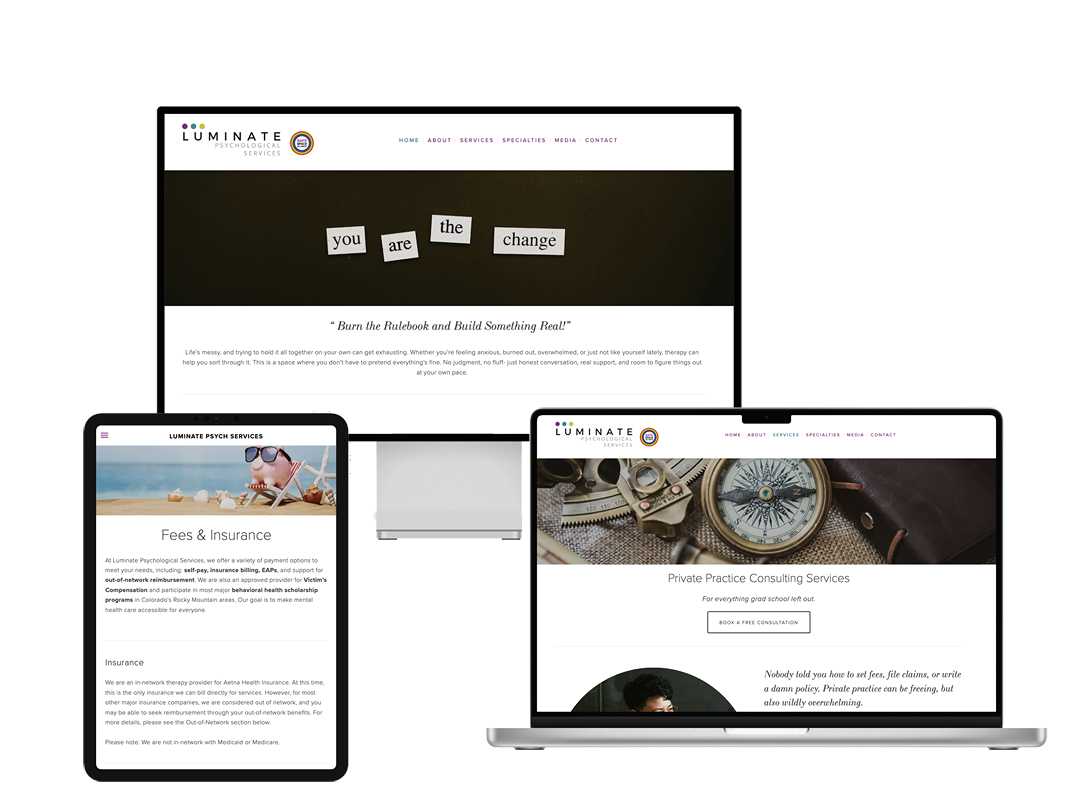 Three electronic devices displaying the homepage of Luminate Psych Services website, with the slogan 'Burn the Rulebook and Build Something Real!' prominently visible on the computer screen.