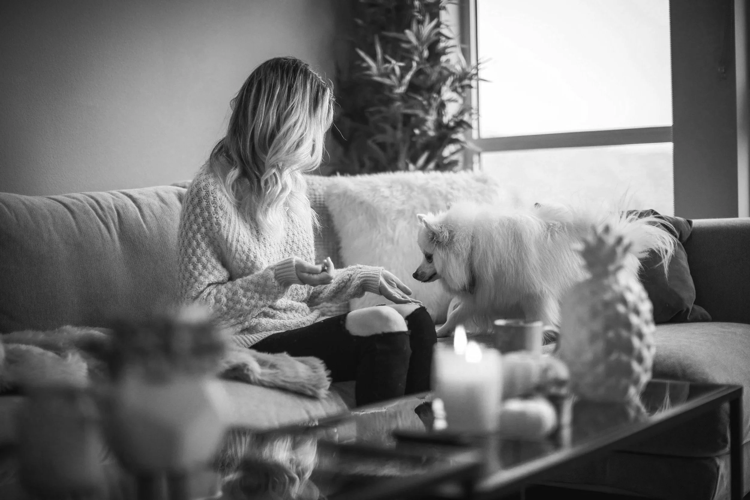 A woman with wavy hair wearing a sweater, sitting on a sofa with a small dog, in a cozy room with large window, decor including pineapples and candles, black and white photo.