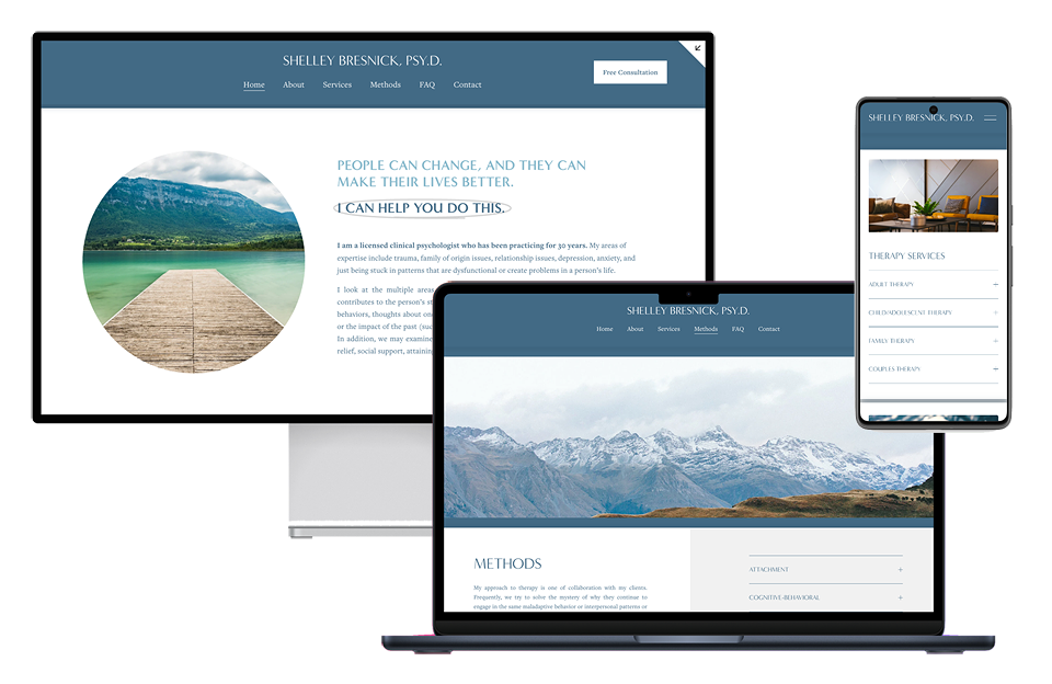 Screenshots of a psychologist's website shown on a desktop, laptop, and smartphone, featuring sections about services, methods, and therapy options, with a calming nature-themed background.