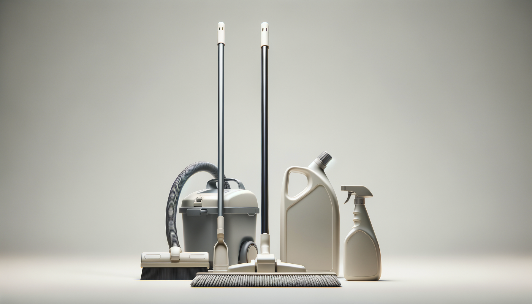 Collection of cleaning supplies including vacuum cleaner, mop, broom, spray bottle, and detergent bottle arranged on a clean surface.