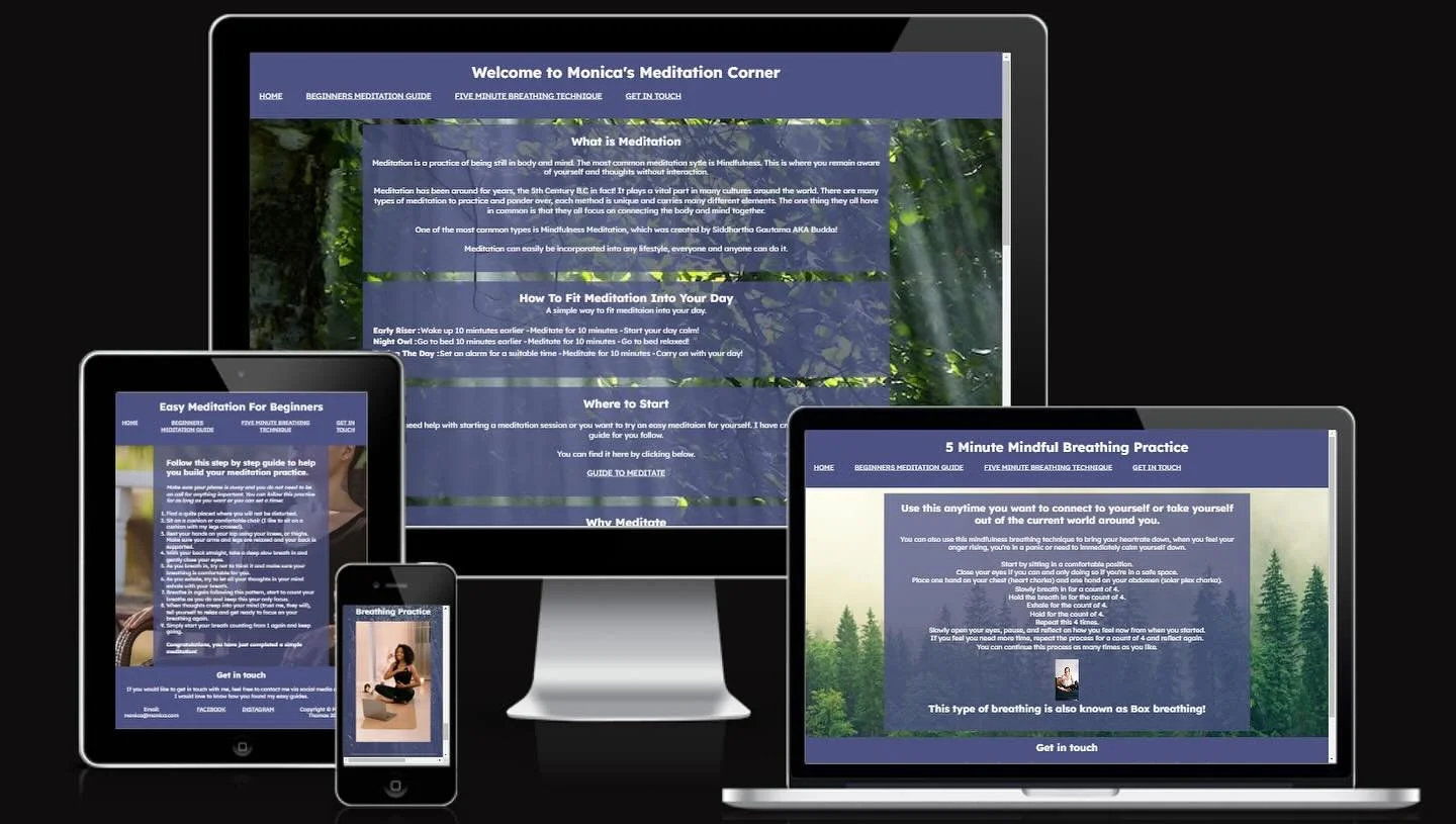 Spotlight: Monica&rsquo;s Meditation Corner
I built this soothing, responsive site to help users explore meditation with ease. No apps, no overwhelm!

✨ It includes:
🧘&zwj;♀️ A beginner-friendly meditation guide
🌿 A 5-minute guided breathing exerci