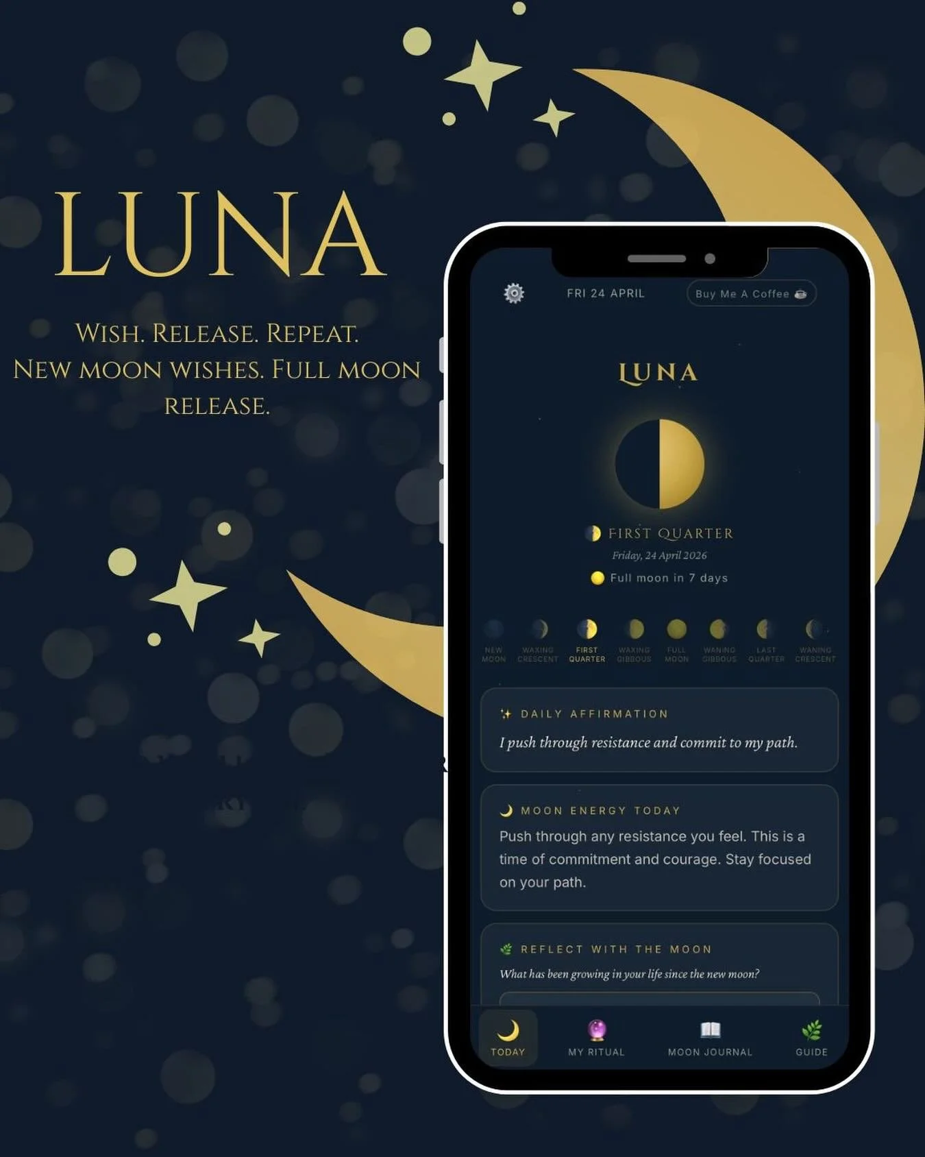 🌙 My first app (well 2nd!!) has landed and I&rsquo;m so excited to share it!
Meet Luna! a moon phase app for setting new moon wishes and releasing with the full moon ✨
I&rsquo;d love your help testing it before the big Google Play launch! If you hav
