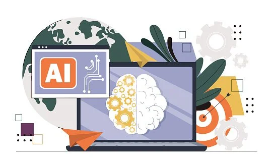 illustration of a computer screen and an AI thought bubble popping out.