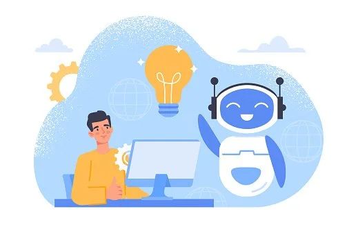 illustration of a man on a computer and a robot smiling at him